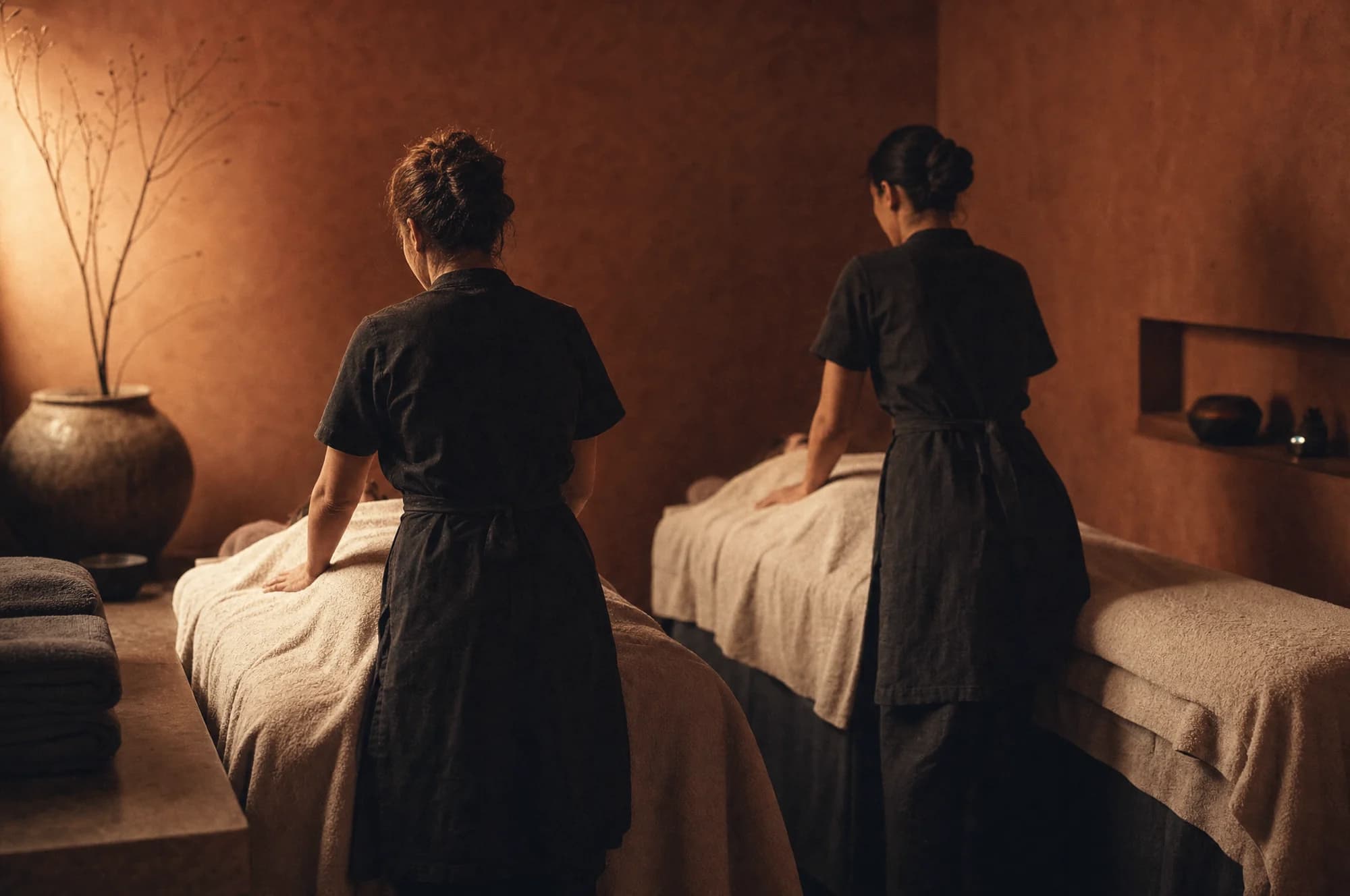 Twee masseuses aan het werk bij twee massagetafels naast elkaar