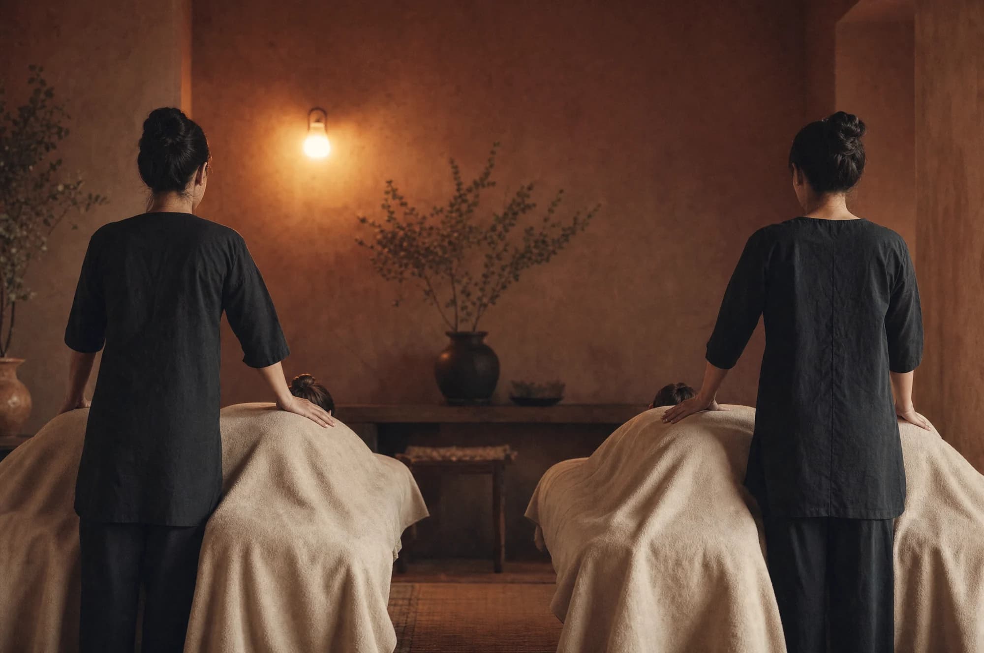 Twee masseuses die tegelijk twee klanten behandelen in de duokamer