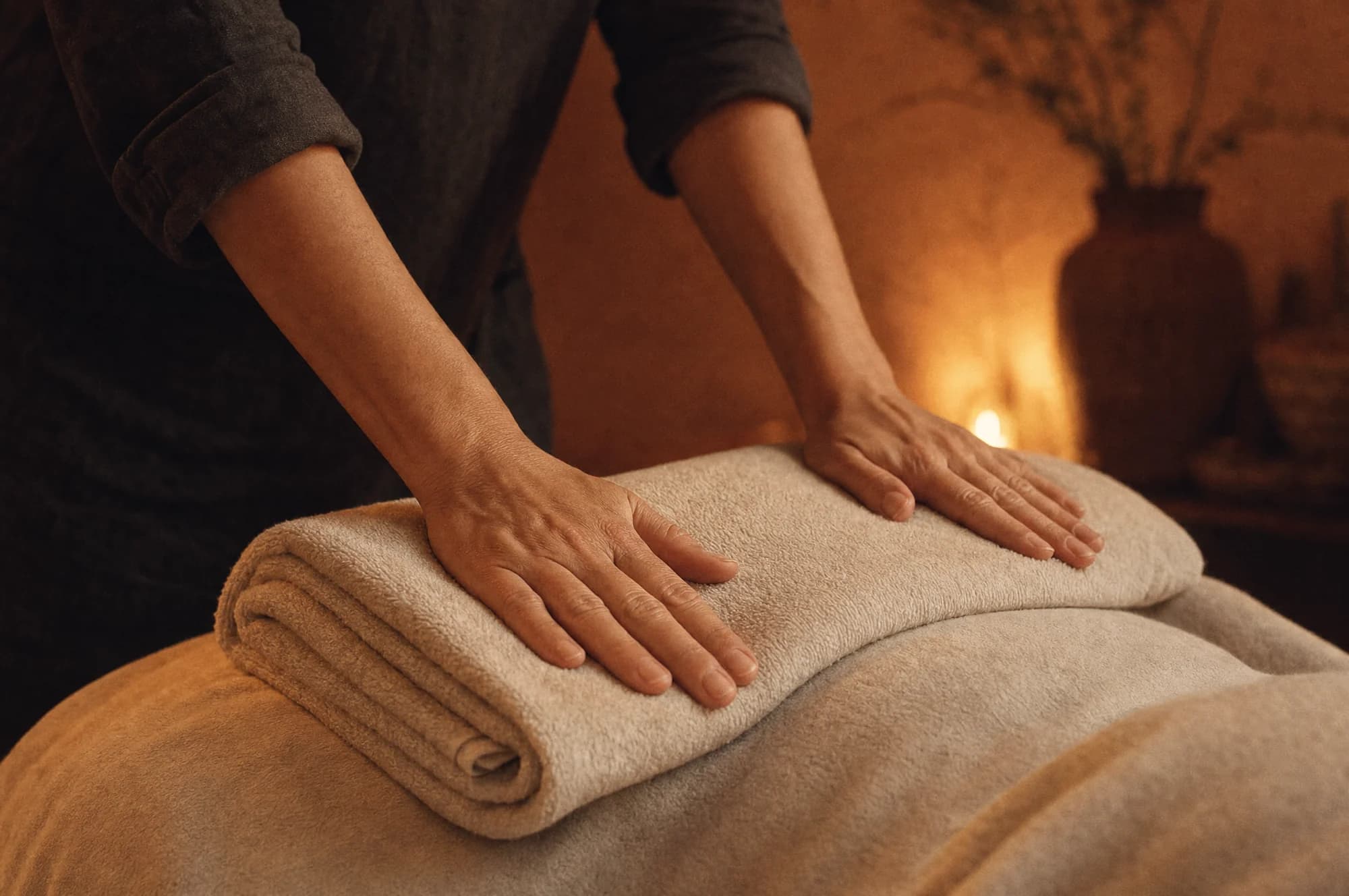 Handen van een masseuse die door een gevouwen handdoek op de schouderbladen drukken
