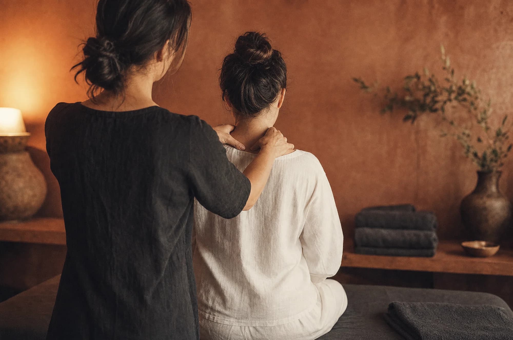 Masseuse die de nek en schouders van een zittende klant masseert