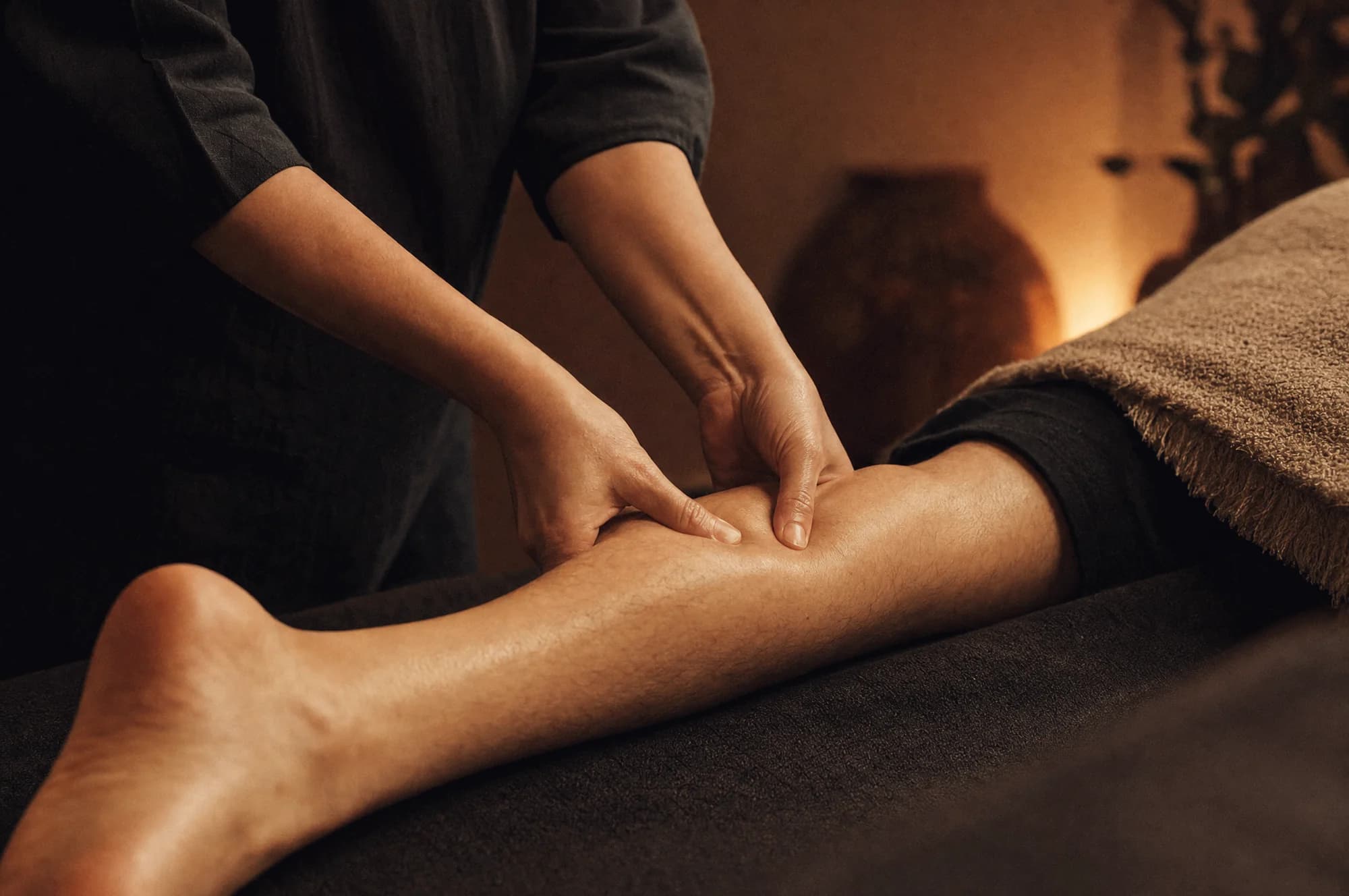 Masseuse die met beide duimen in de kuitspier van een klant werkt