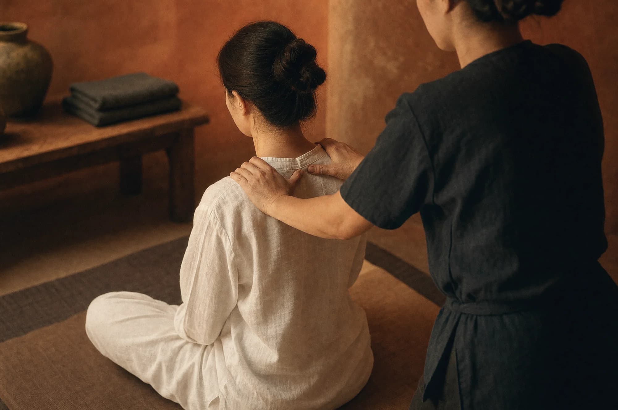 Masseuse die de schouders masseert van een klant die op een mat zit