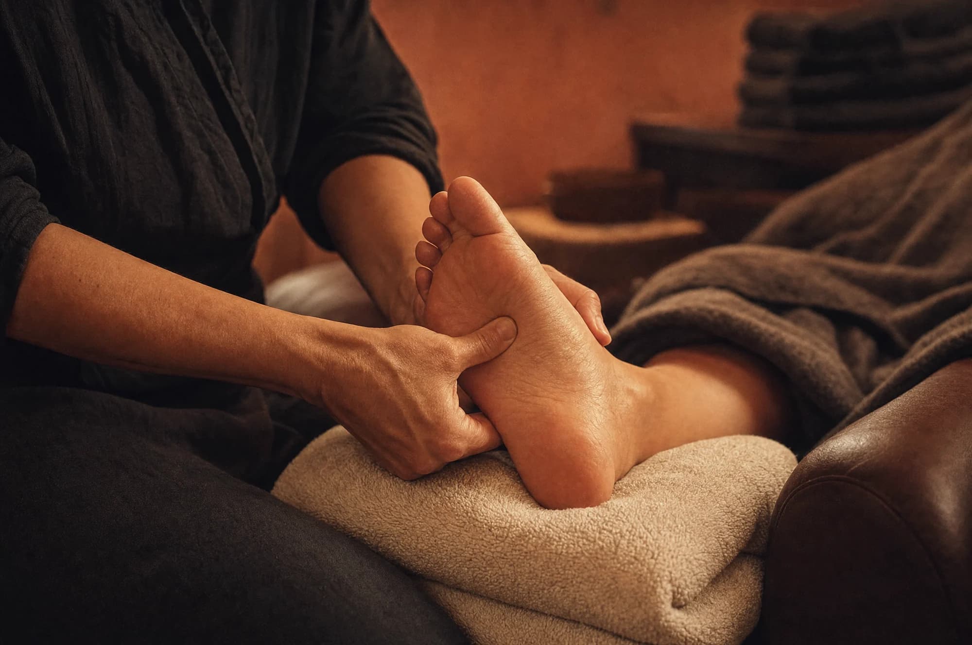 Masseuse die met beide handen een voet masseert op een kussen