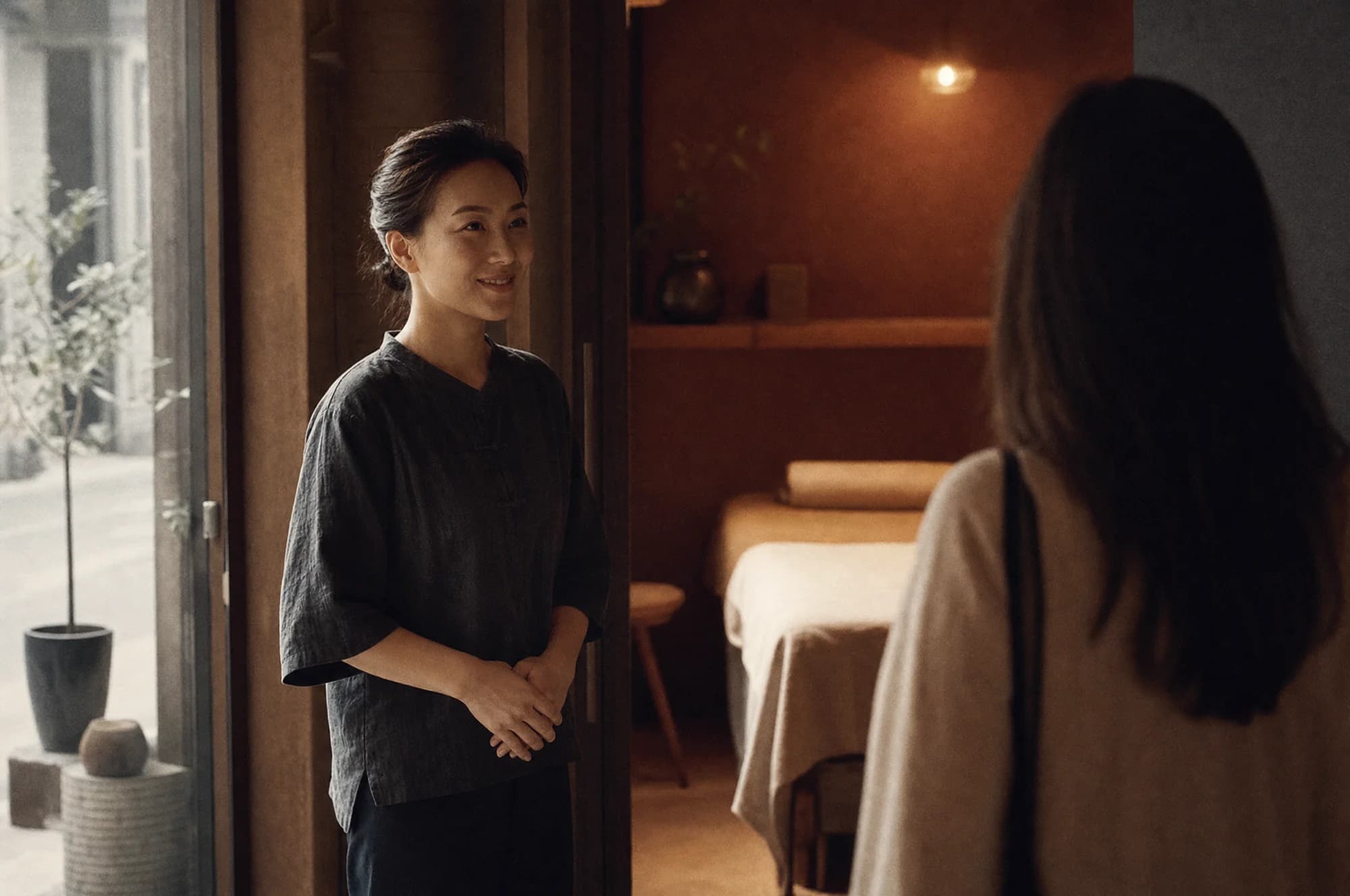 Masseuse verwelkomt een klant aan de deur van het salon